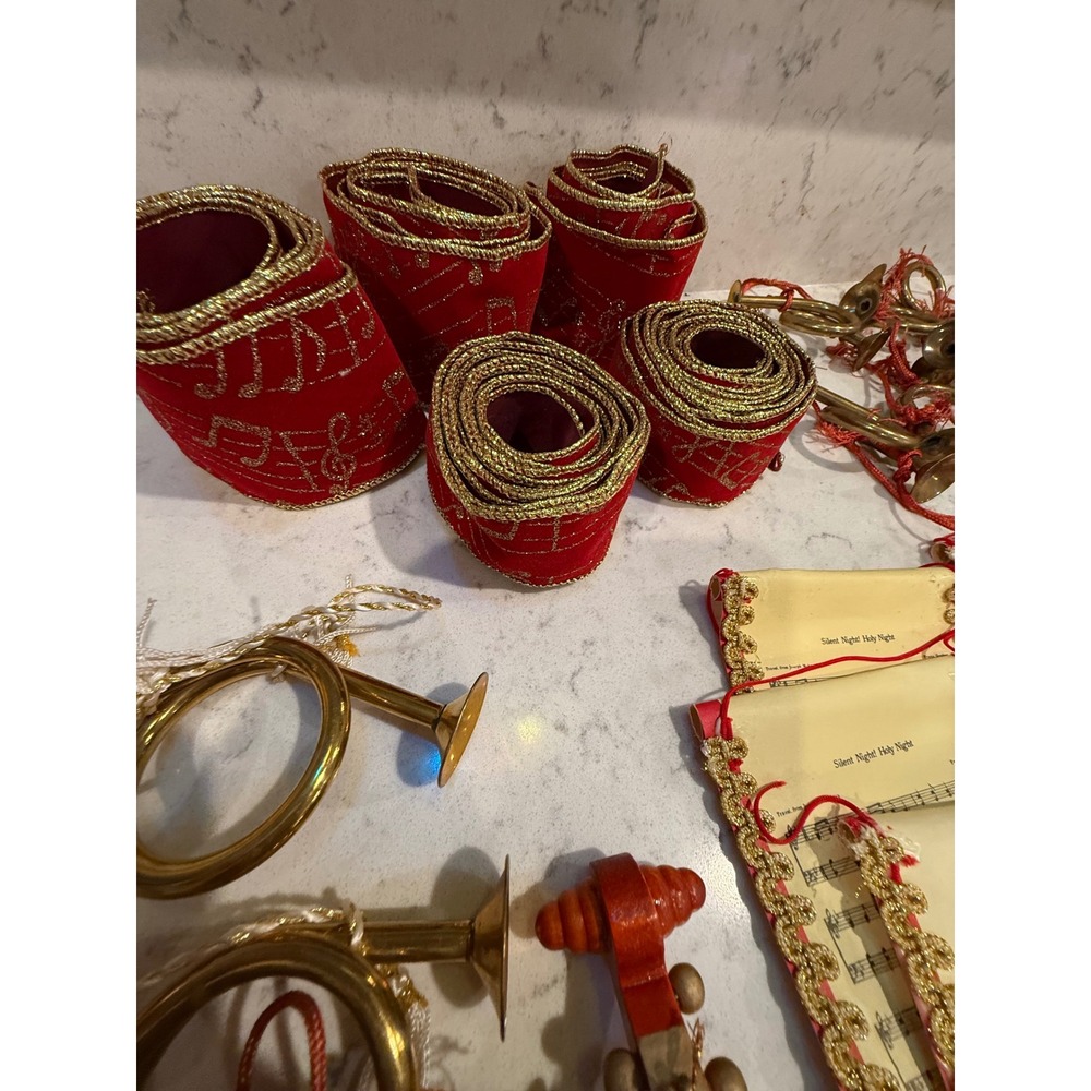 Vintage Christmas Ornaments Lot Violin Bugle Silent Night Music Scrolls Red Gold